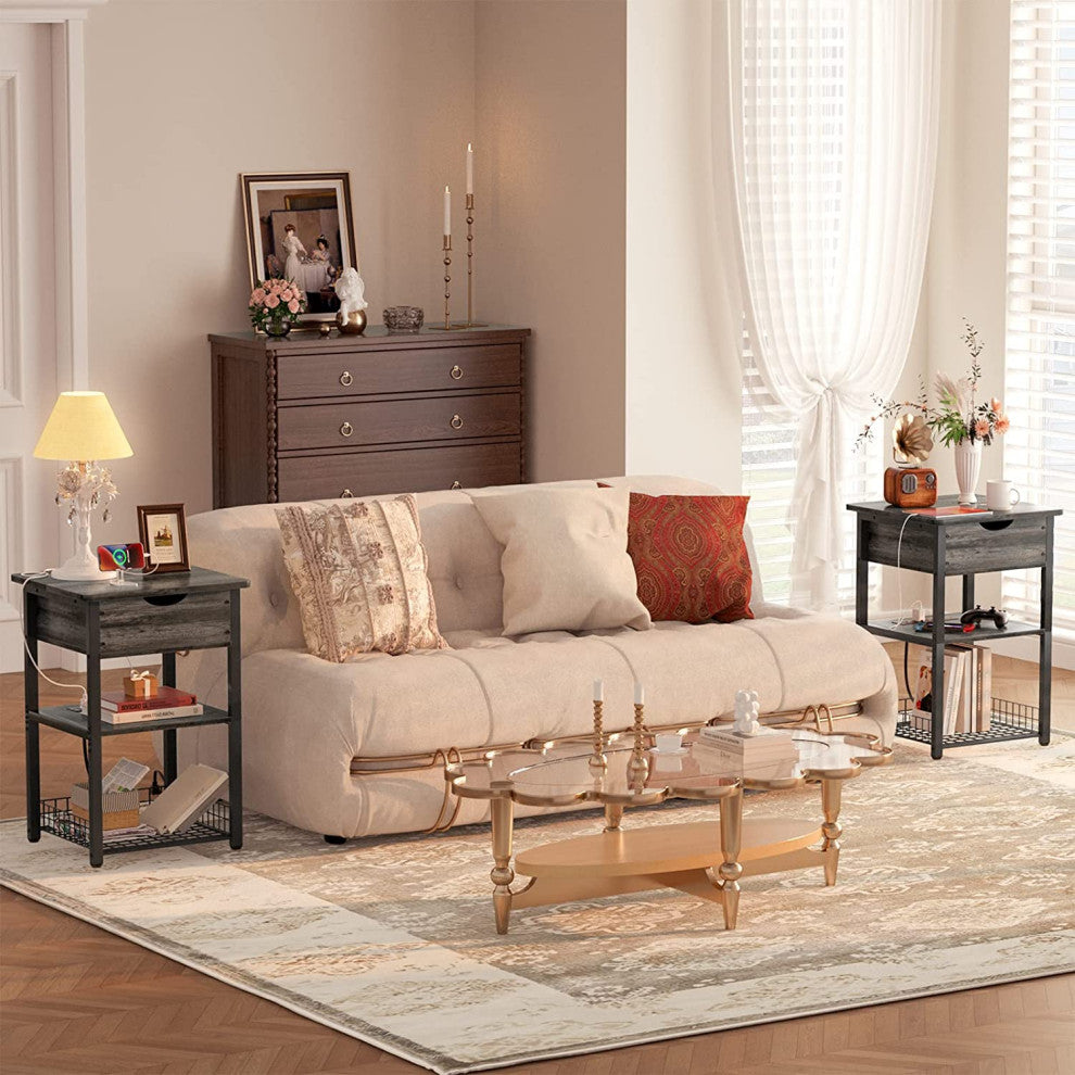 Modern End Table with Charging Station and Flip Top Storage Shelves