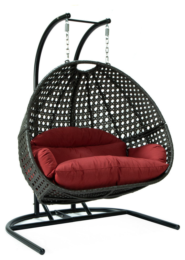 LeisureMod Wicker Hanging Double Egg Swing Chair, Dark Red