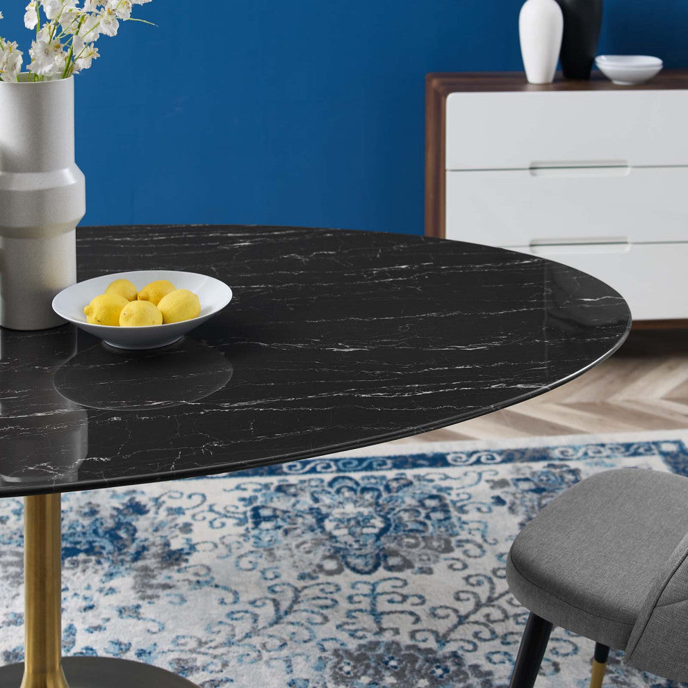 Dining Table, Oval, Artificial Marble, Metal, Gold Black, Cafe Bistro Restaurant