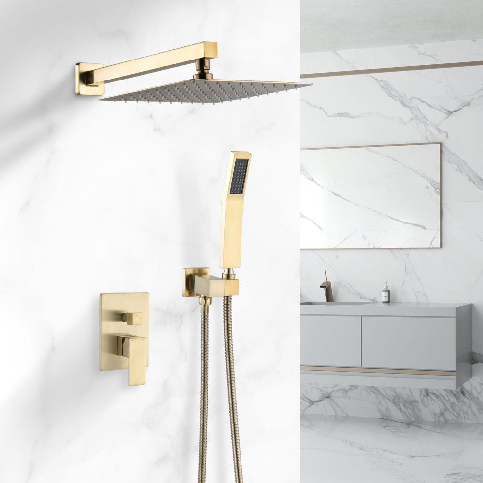 10"Wall Mounted Rainfall Shower System, Brushed Gold