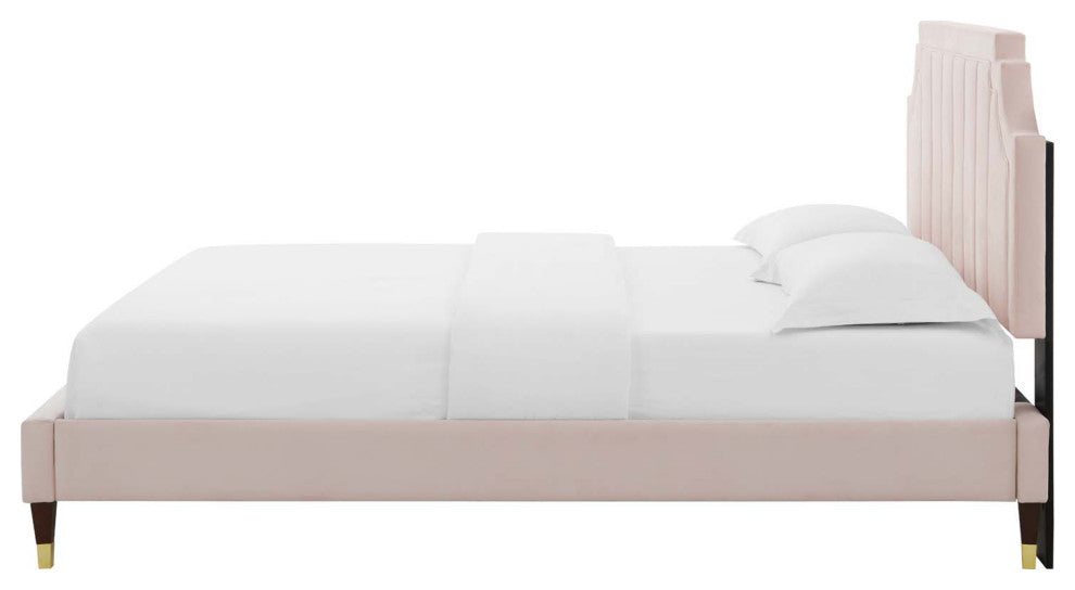 Platform Bed Frame, King Size, Velvet, Pink, Modern Contemporary, Bedroom Master