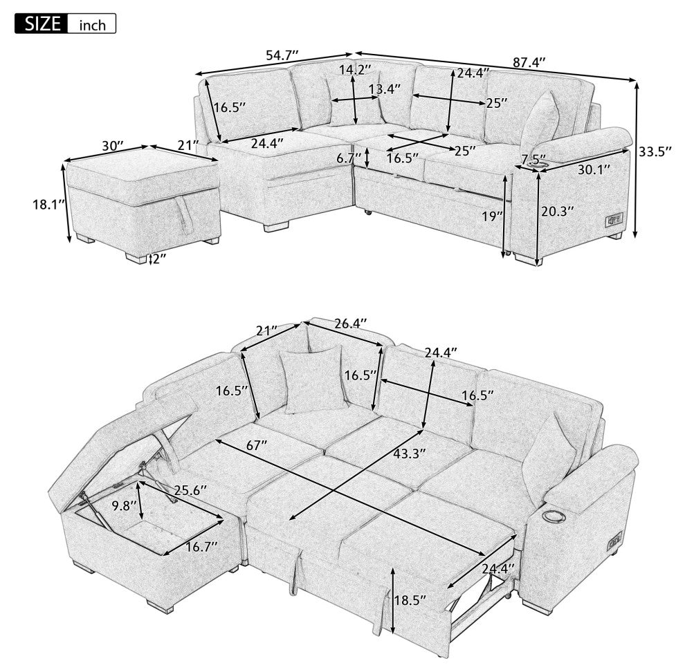 Gewnee 87.4" Sleeper Sofa Bed, 2, 1 Pull Out Sofa Bed L Shape Couch