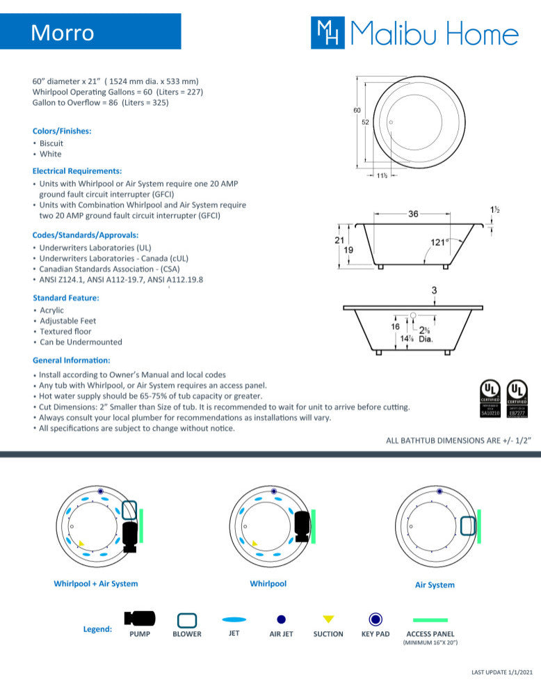 Malibu Morro Round Combination Whirlpool and Air Jet Bathtub 60x60x21 Biscuit