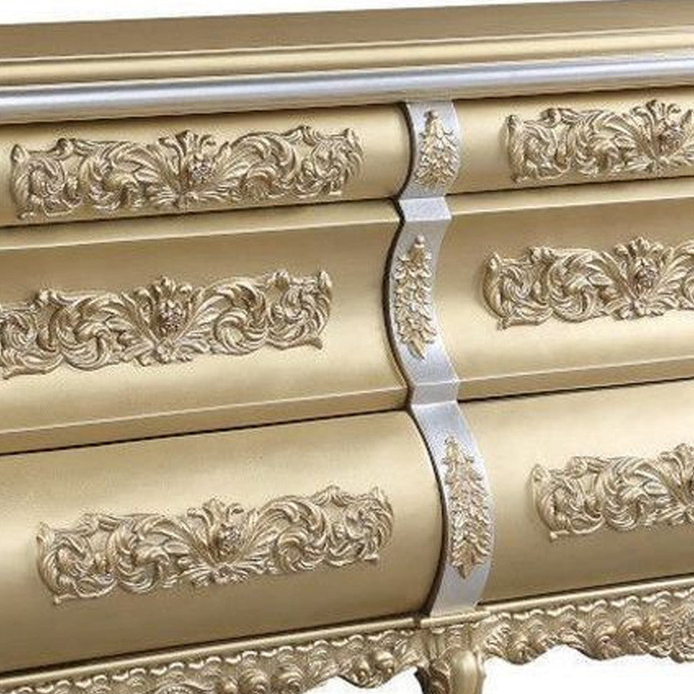 Benzara BM268996 Server With 6 Drawers and Ornate Engraving, Gold