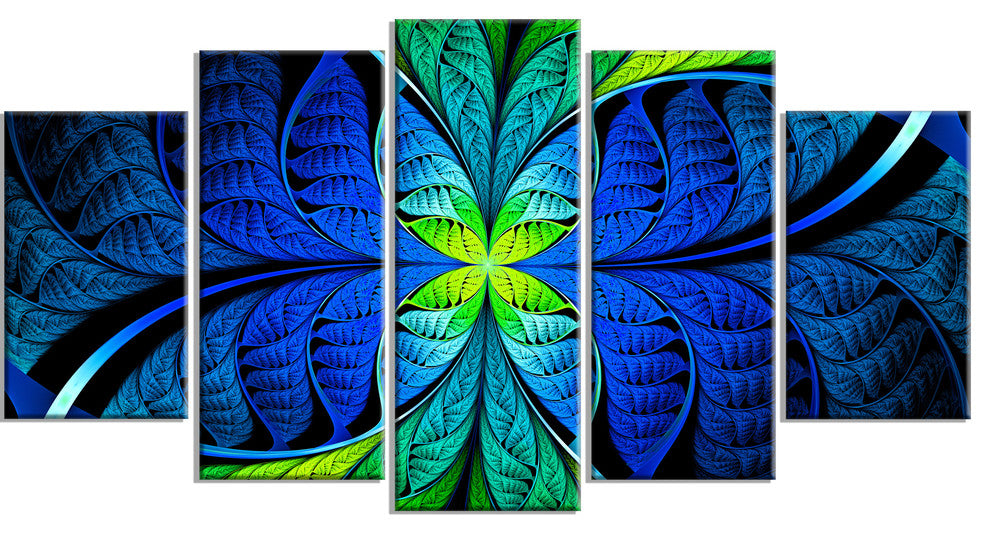 Blue Green Fractal Stained Glass, Abstract Canvas Art Print, 60"x32", 5 Panels