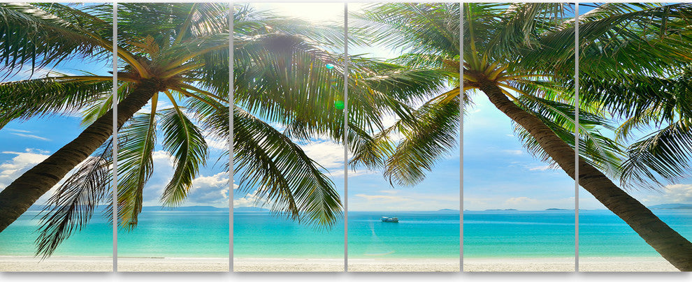 Palm Hanging over Sandy White Beach, Seashore Canvas Print, 70"x28", 6 Panels