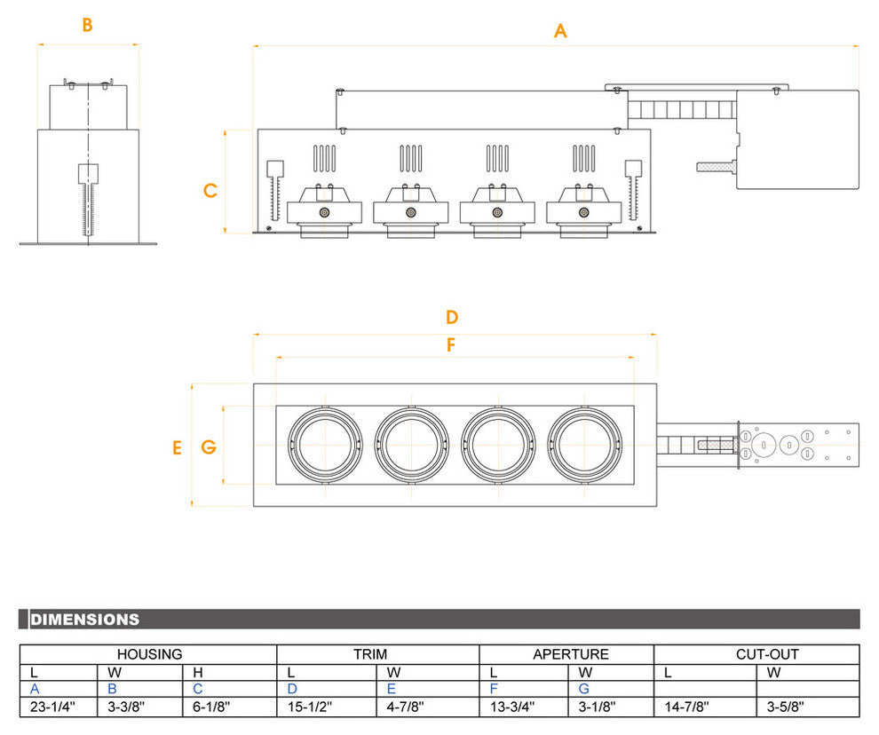 4-Light Linear Remodel, White Trim, Black Gimbal, Black