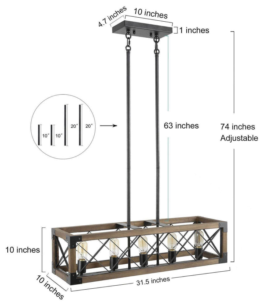 LNC 5-Light Farmhouse Rectangular Wood and Metal Kitchen Island Lighting