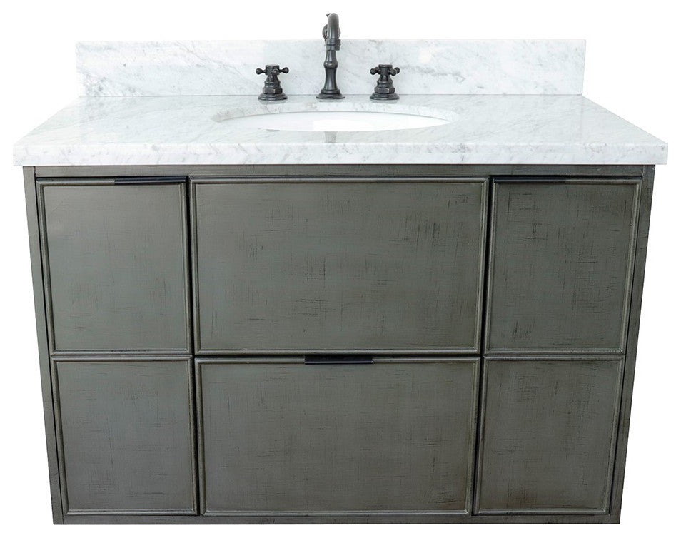 37" Single Wall Mount Vanity, Linen Gray Finish With White Carrara Top
