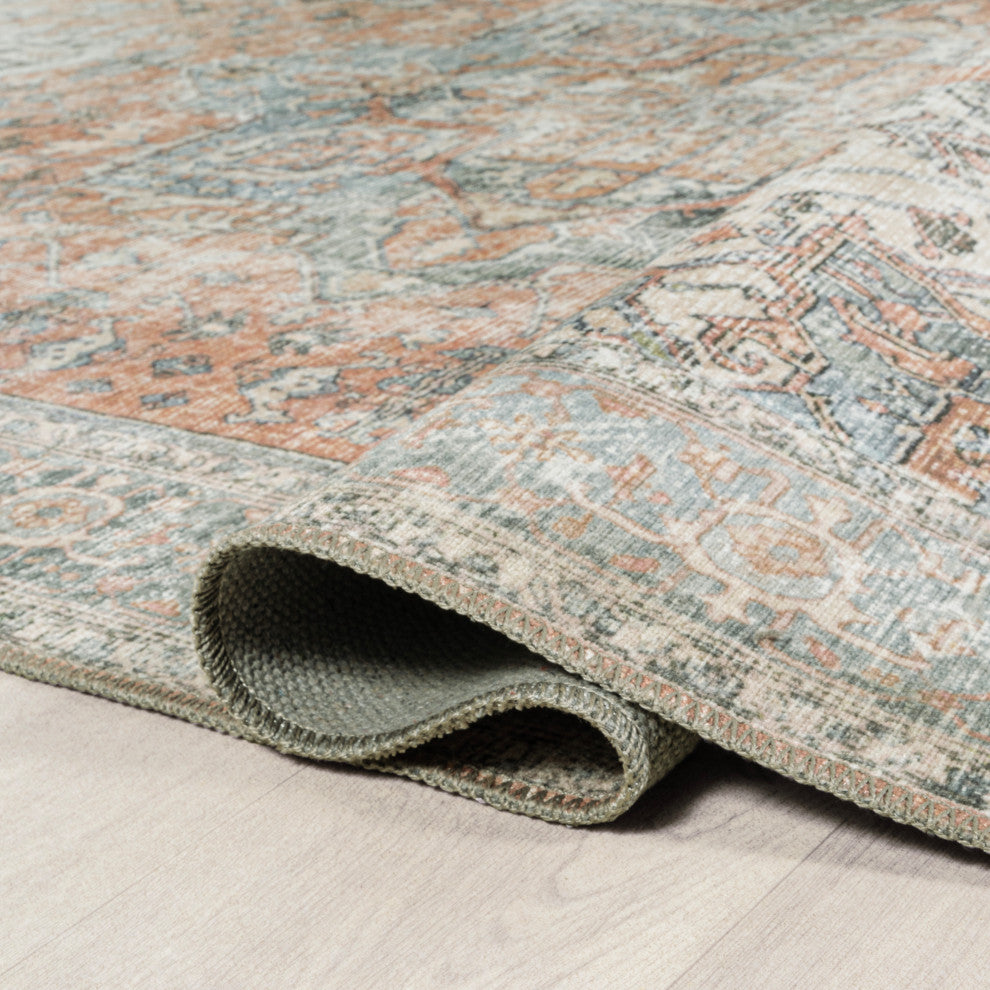Armae Distressed Chenille Machine-Washable Rug, Terra/Blue, 5 X 8