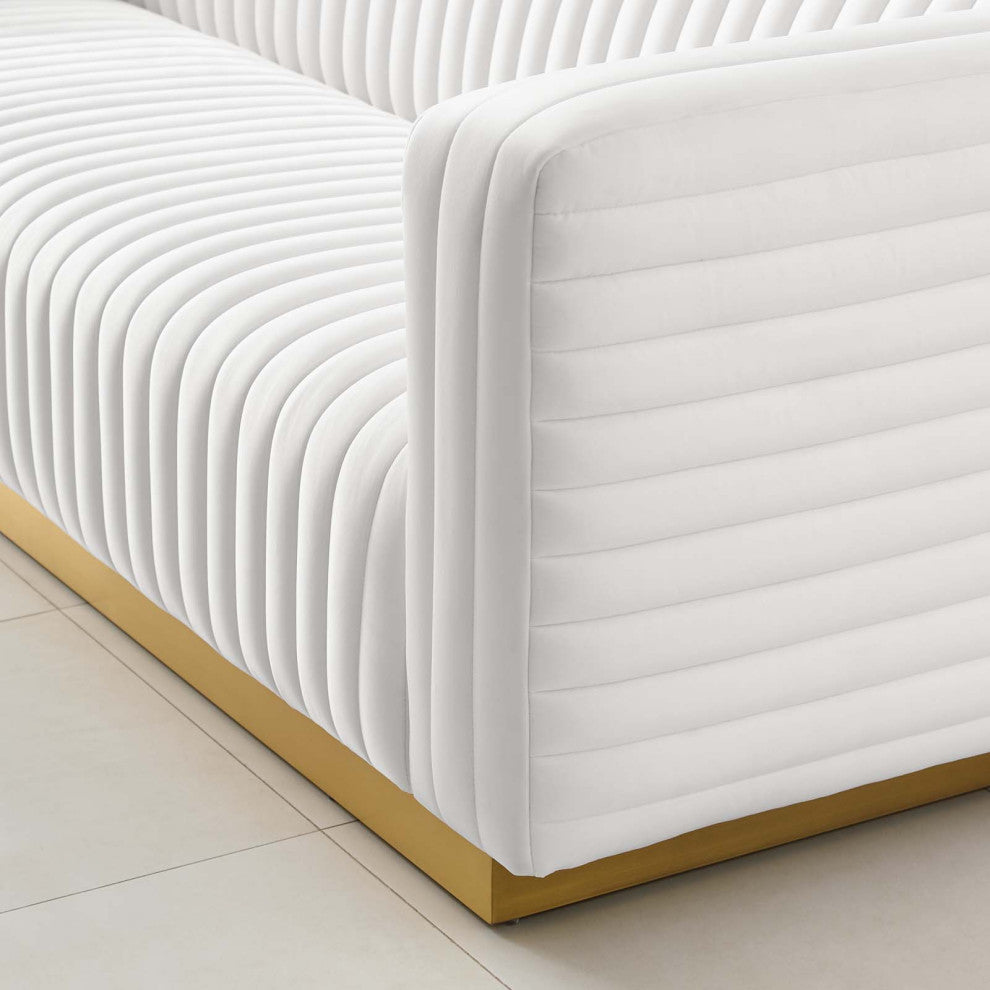 Tufted Sofa, Velvet, White, Modern, Living Lounge Room Hotel Lobby Hospitality