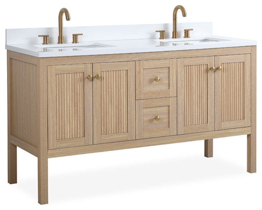 Modern Light Oak Sera Bathroom Vanity With White Quartz Top, 60" Double Sink