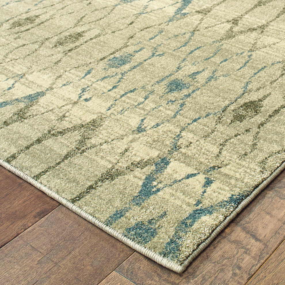 Raquel Distressed Geometric Ivory/ Blue Area Rug, 9'10"x12'10"