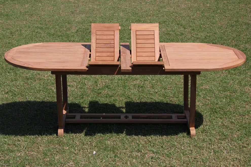 9-Piece Outdoor Teak Dining Set: 94" Masc Oval Table, 8 Goa Stacking Arm Chairs