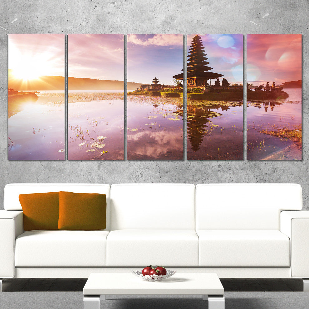 Beautiful Ulun Danu Temple, Oversized Landscape Canvas Art, 60"x28", 5 Panels