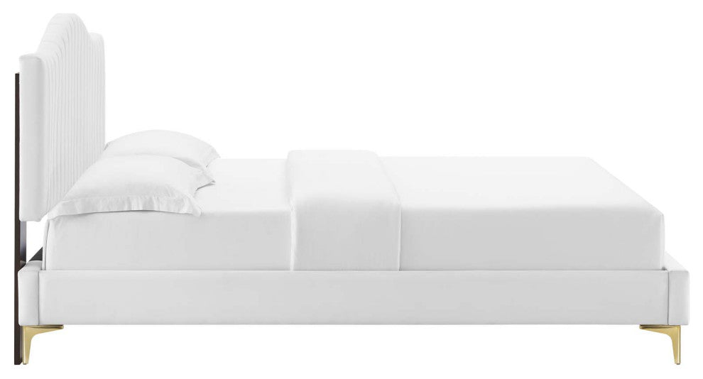 Tufted Platform Bed Frame, Queen Size, Velvet, White, Modern Contemporary