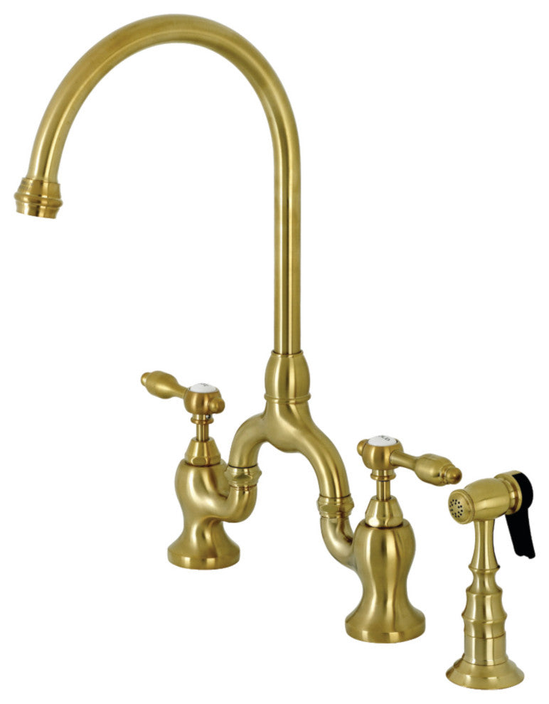 KS7797TALBS Tudor Bridge Kitchen Faucet With Brass Sprayer, Brushed Brass