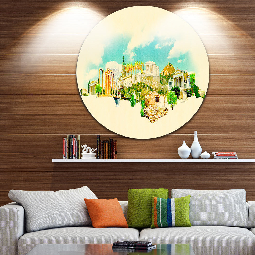 Athens Panoramic View, Cityscape Watercolor Disc Metal Wall Art, 23"