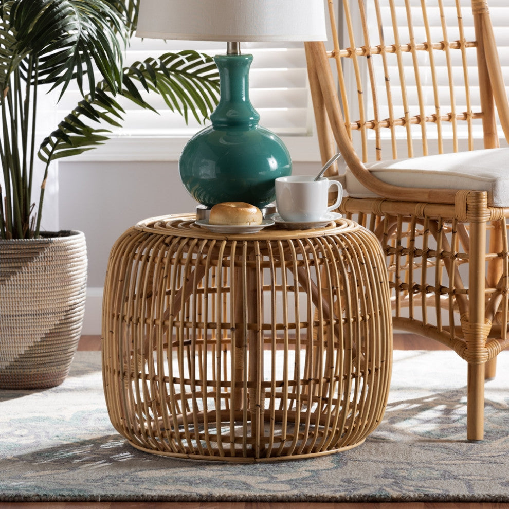 Modern Bohemian Natural Brown Rattan End Table, Round