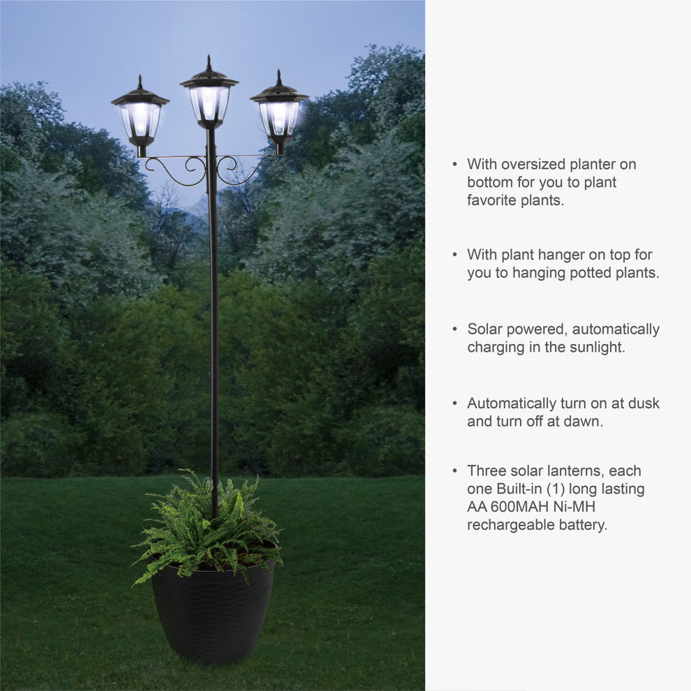 74"H Solar Three Head Street Light With a Planter Pot
