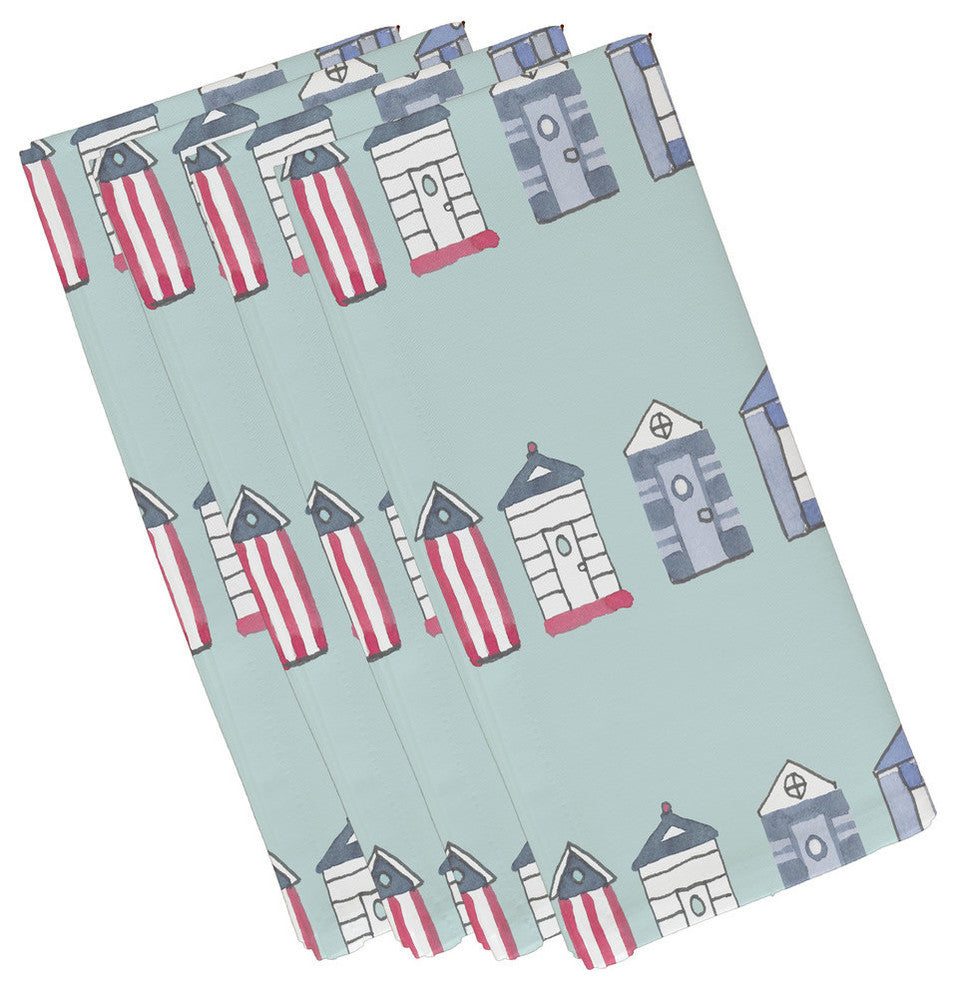 19"x19" Multi Beach Hut, Stripe Print Napkins, Set of 4, Aqua