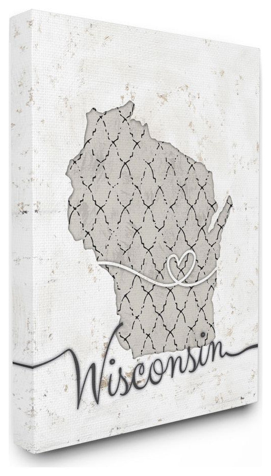 Stupell Industries Wisconsin Patterned Grey US State Design, 30 x 40