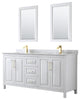 72"DBL Bathroom Vanity White, Carrara Countertop, Sinks, 24" Mirrors, Gold Trim