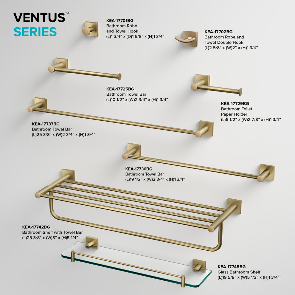 Ventus Bathroom 18" Towel Bar, Brushed Gold