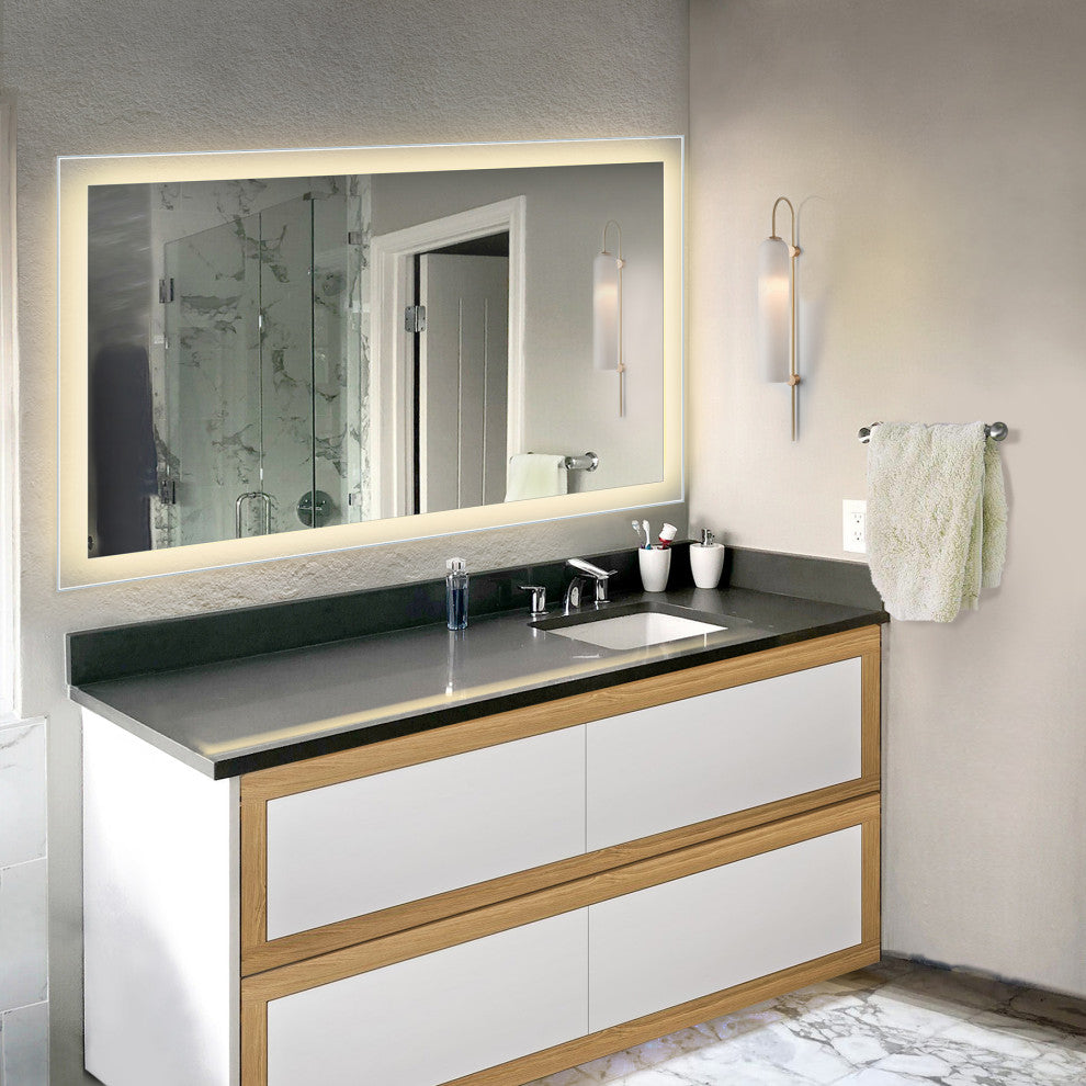 LED Lighted Bathroom Mirror Wall Mount With Defogger, 60"x36"