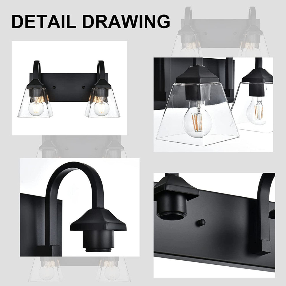 2 Light Glass Wall Sconce Black Industrial Wall Light Fixture