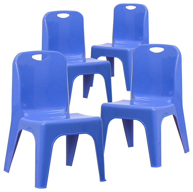 4 Pack Plastic Stackable Chair With Carrying Handle, 11" Seat Height, Blue
