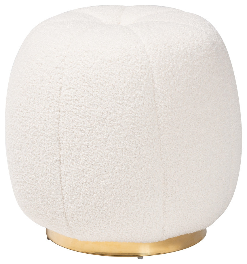 Modern and Contemporary Ivory Boucle Upholstered and Gold Metal Ottoman
