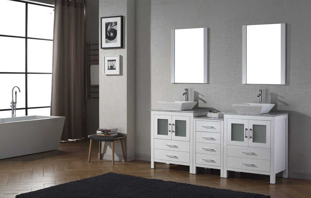 Virtu Dior 74" Double Bathroom Vanity, White With Faucet and Mirrors
