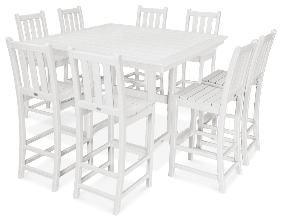 POLYWOOD Traditional Garden 9-Piece Nautical Trestle Bar Set, White