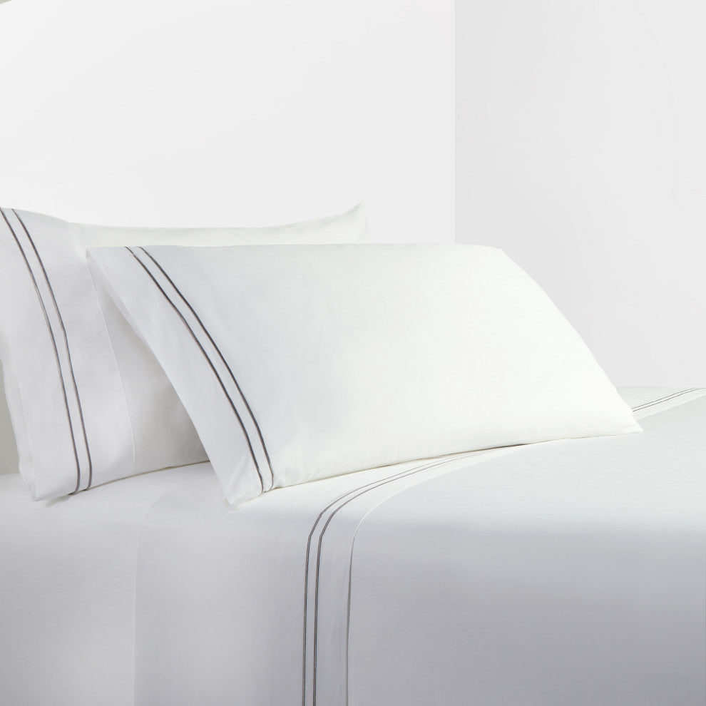 350 TC White Sheet Set With Gray Stripe Embroidery, King