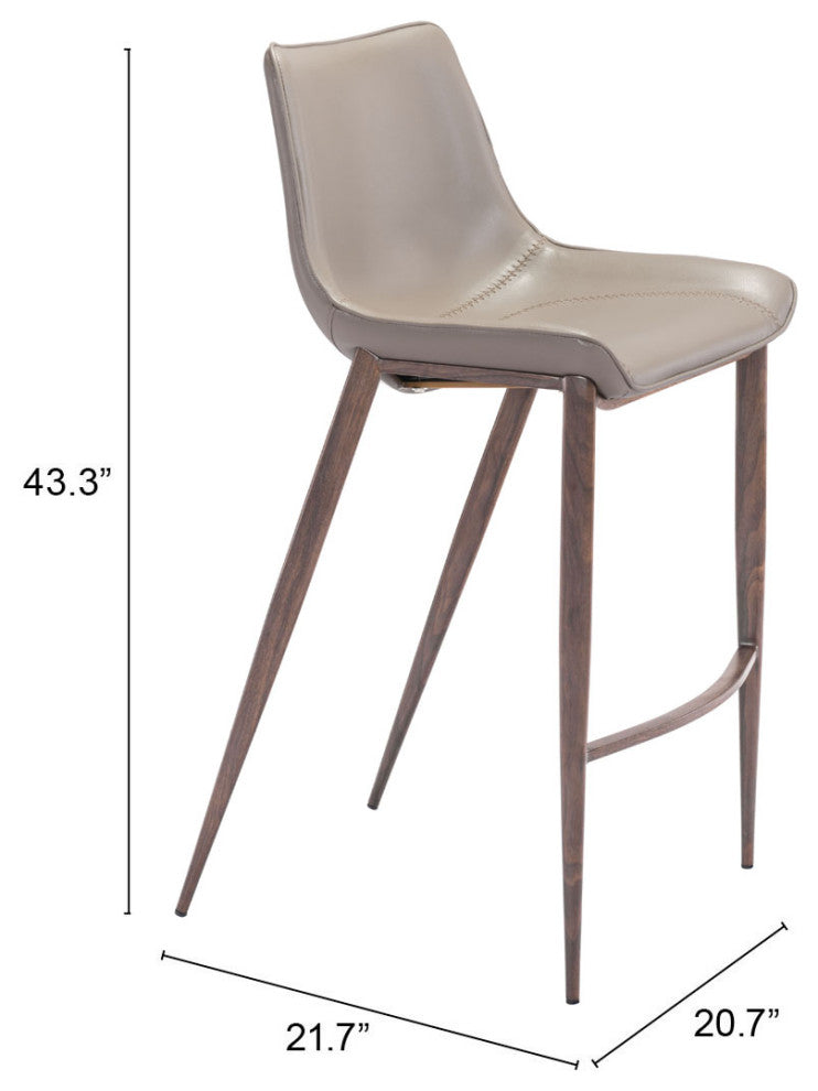 Bar Stool Chair, Set of 2, Faux Vinyl Leather, Steel, Gray, Walnut