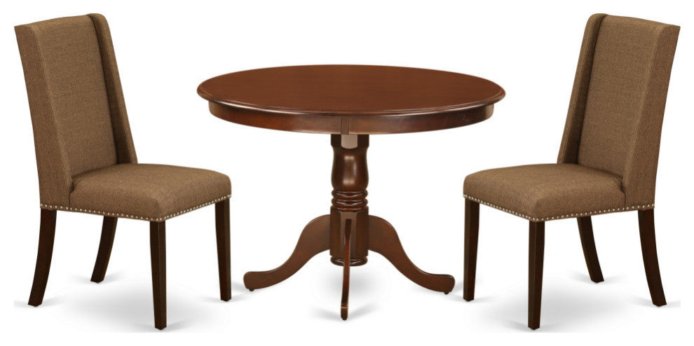 3Pc Dinette Set, Round Dining Table, 2 Upholstered Dining Chairs, Mahogany