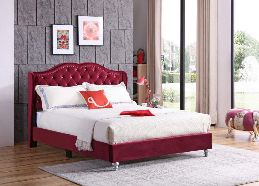 Yuba Upholstered Micro Suede Bed, Cherry, Queen