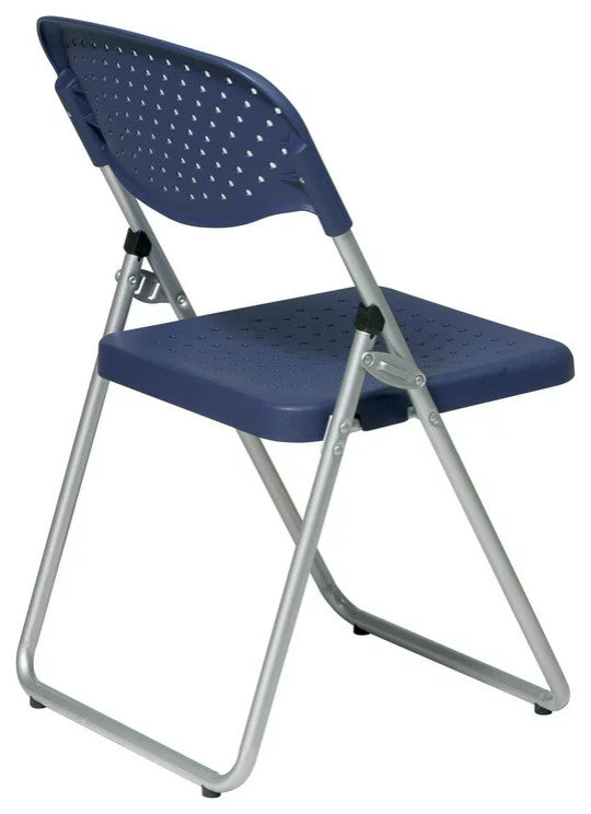 Set of 4 Folding Chair, Metal Frame With Dotted Plastic Seat & Open Back, Blue