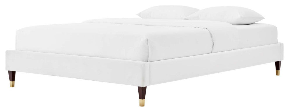 Platform Bed Frame, King Size, Velvet, White, Modern Contemporary, Bedroom