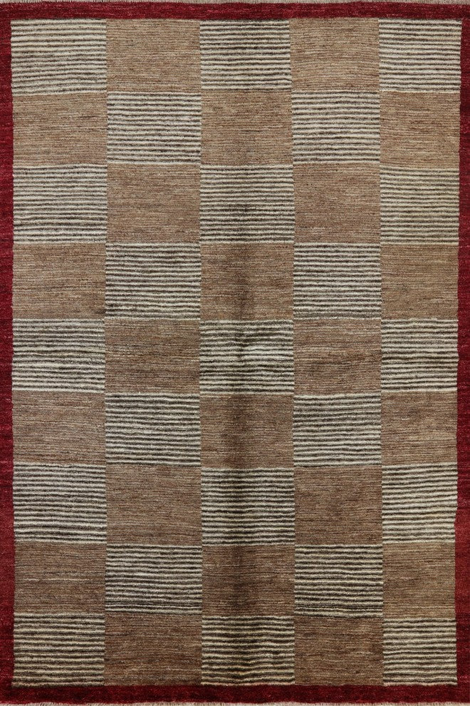 Shades of Brown Hand Knotted Checkered Super Fine Gabbeh Wool 6x9 Area Rug H6933