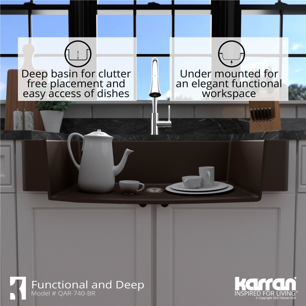 Karran Retrofit Farmhouse Quartz 34" Single Bowl Sink Kit, Brown