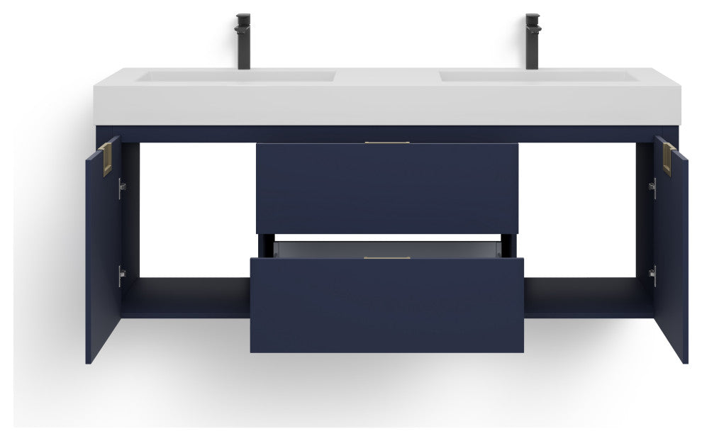 Boutique Bath Vanity, Blue, 60", Double Sink, Wall Mount