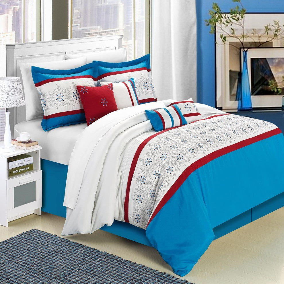 Bella Rose Blue Queen 12-Piece Embroidered Bed In A Bag Set, With Sheet Set