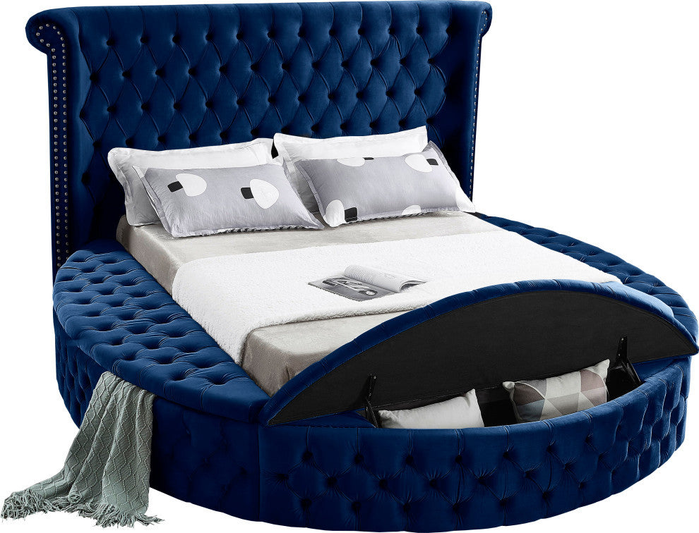 Luxus Button Tufted Velvet Round Bed, Navy, King