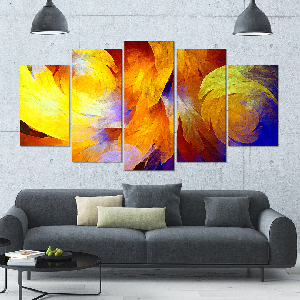 Yellow Fractal Abstract Pattern, Contemporary Art on Canvas, 60"x32", 5 Panels