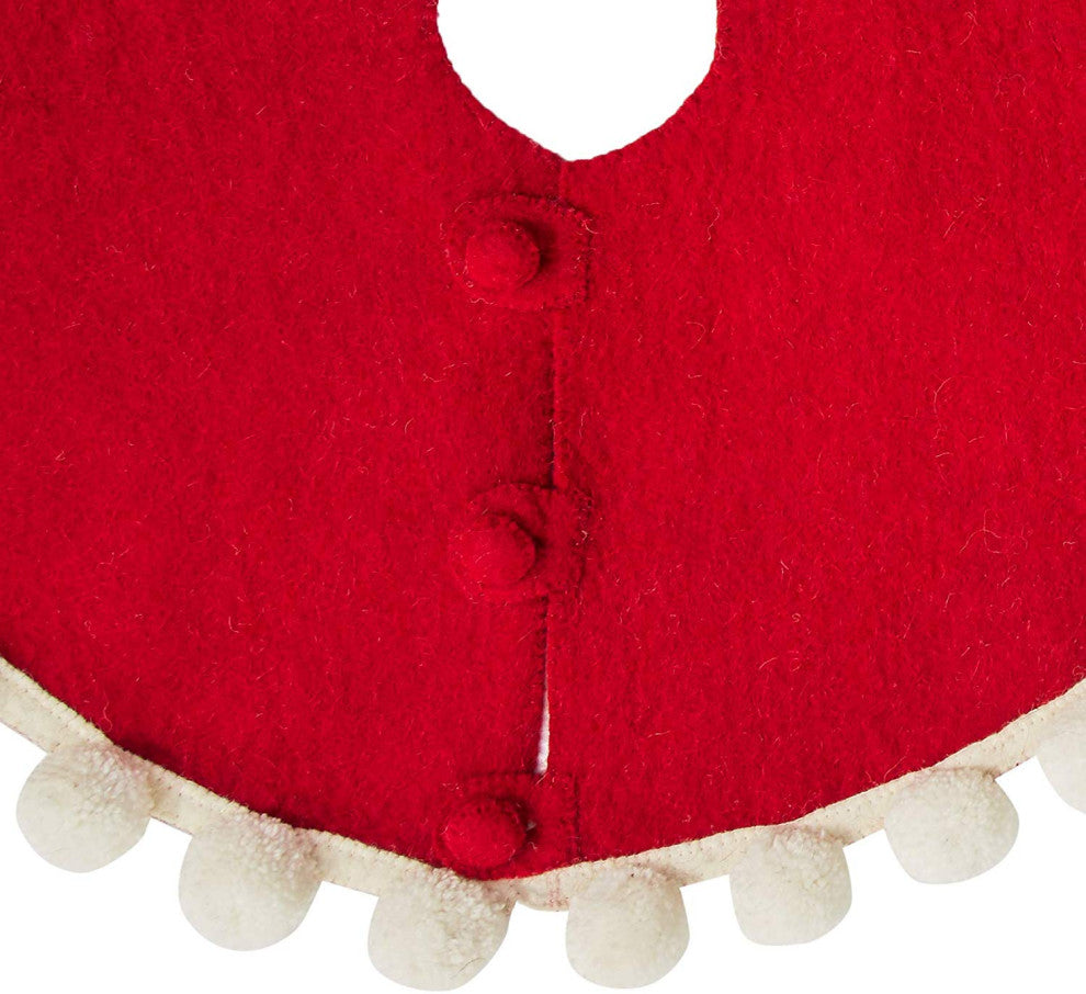 Mini Christmas Tree Skirt Pom Poms, Red Hand Felted Wool, 26"