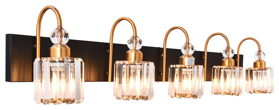 Dimmable Vanity Light With Crystal Accents, Black/Gold, 5 Light