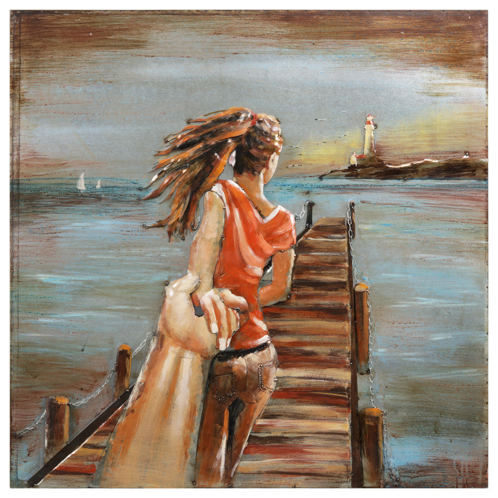 "Lighthouse" Mixed Media Iron Hand Painted Dimensional Wall Art 40"x40"