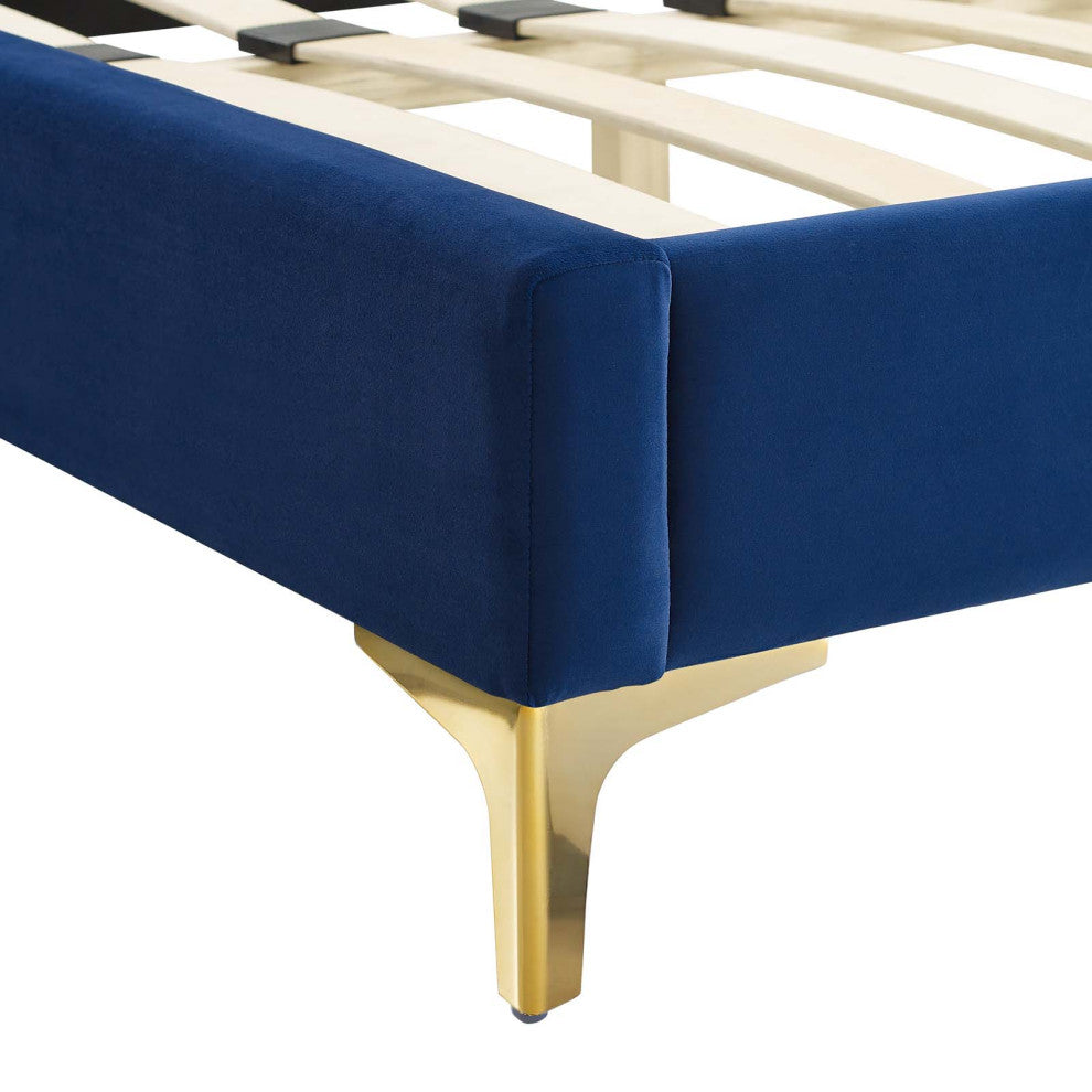 Platform Bed Frame, Full Size, Velvet, Blue Navy, Modern Contemporary, Bedroom